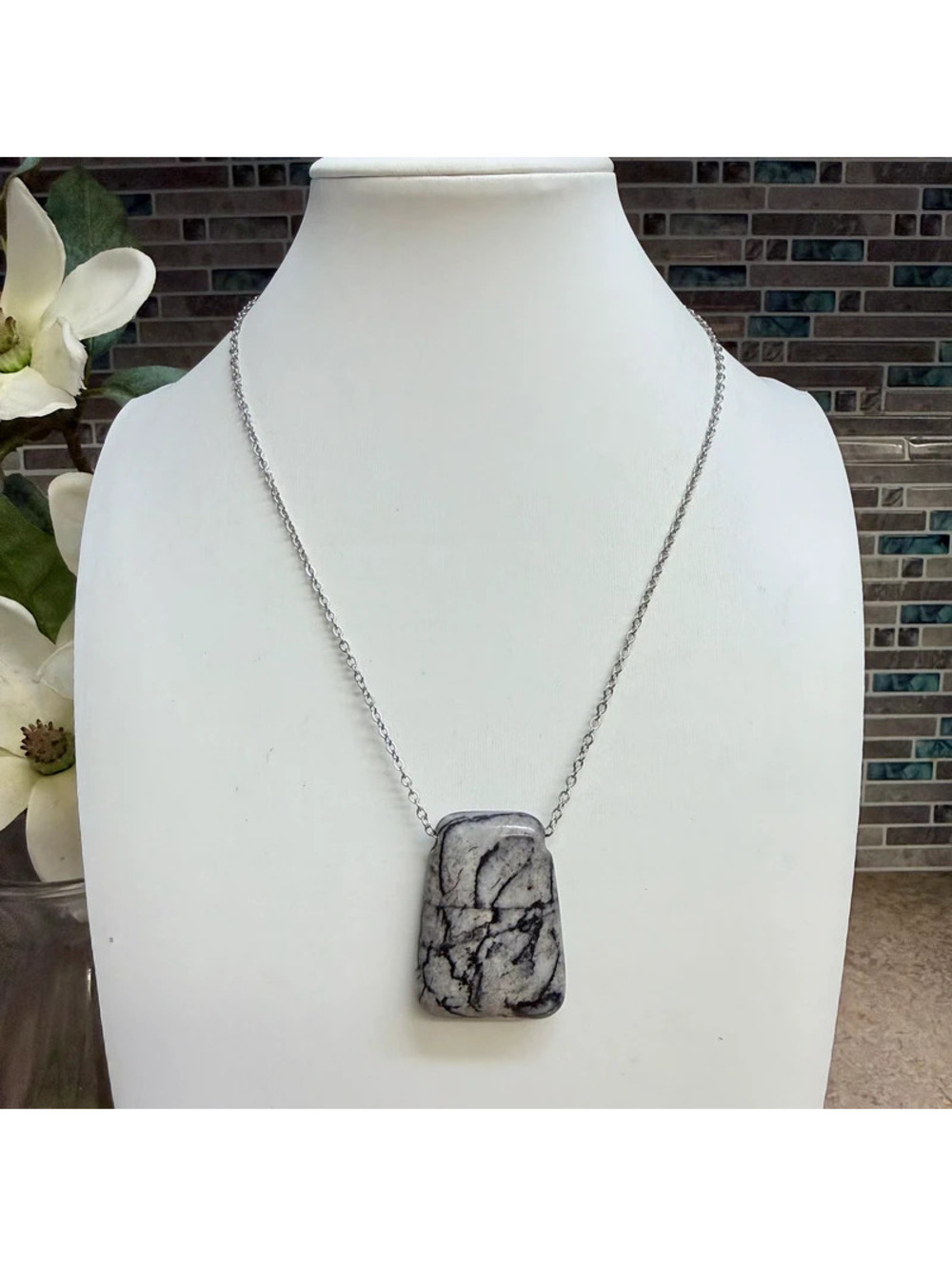 Natural Austrian Pinolith Pendant Necklace Black White Statement Stone